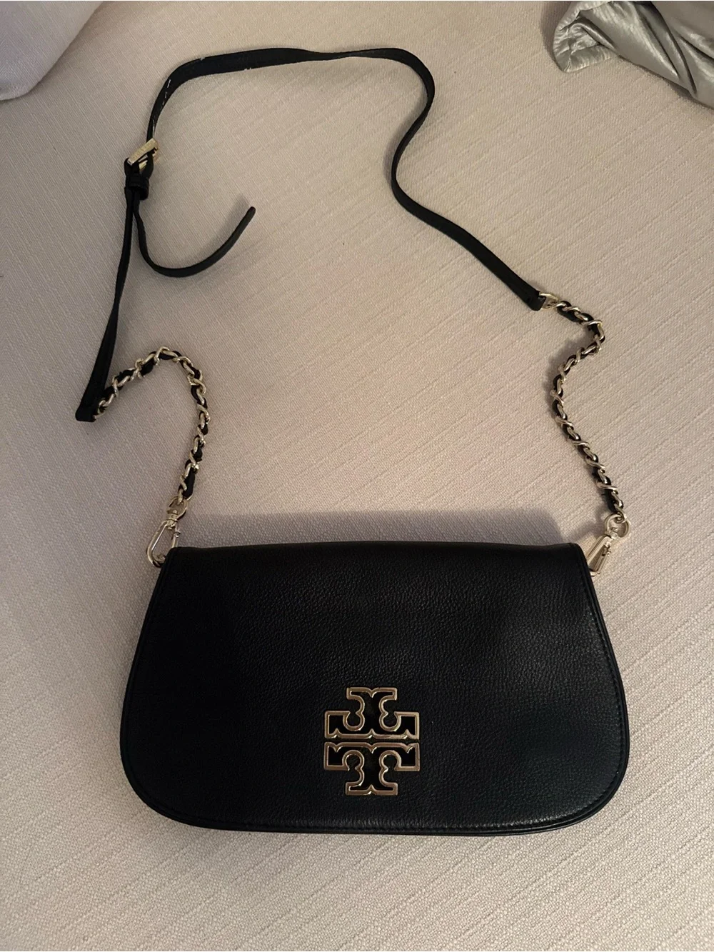 Tory Burch Black Leather Crossbody with Gold Logo & Chain Strap